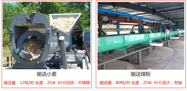 绞龙螺旋输送机输送小麦输送量在12吨/时，长度为25米，叶片采用不锈钢材质；输送水泥输送量在80吨/时，长度为20米，叶片设计为有轴。