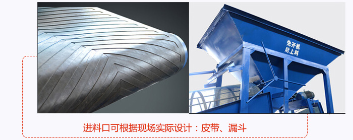 进料口可根据现场实际设计：皮带式，漏斗式