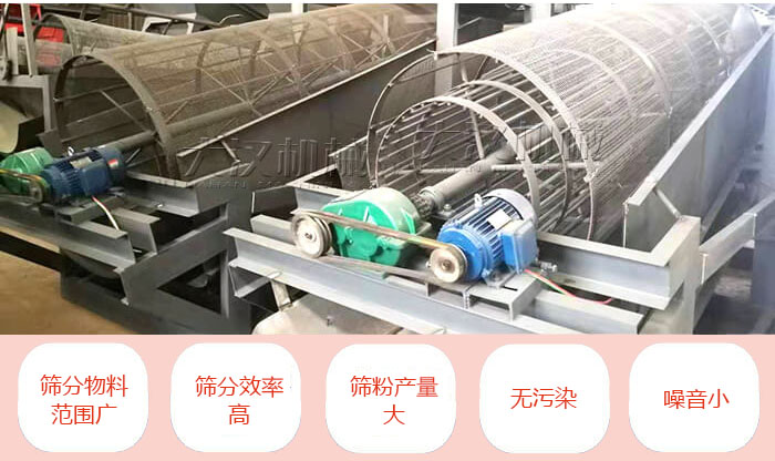 滚筒筛分机主要特点：筛分物料范围广，筛分效率高，筛分产量大，无污染，噪音小。