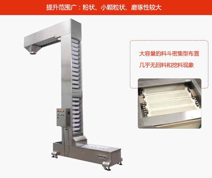 Z型斗式提升机的提升范围广：粉状，小颗粒状，磨琢性较大的物料都可输送。