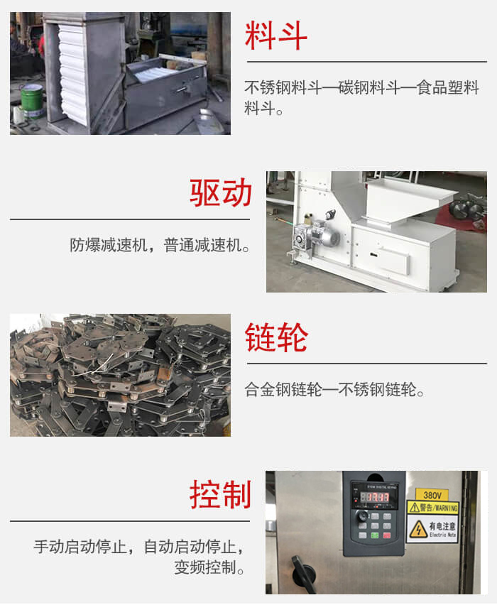 z型斗式提升机料斗：不锈钢料斗-碳钢料斗-食品塑料料斗。驱动装置采用的式防爆减速机，普通减速机两种。链轮采用合金链轮-不锈钢链轮控制器：手动启动/停止，以及自动启动停止。
