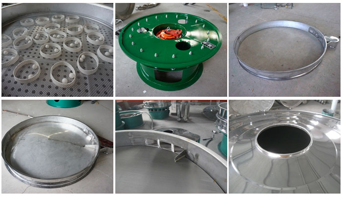 大型旋振筛细节：大型旋振筛筛网，大型旋振筛筛框，大型旋振筛防尘盖。