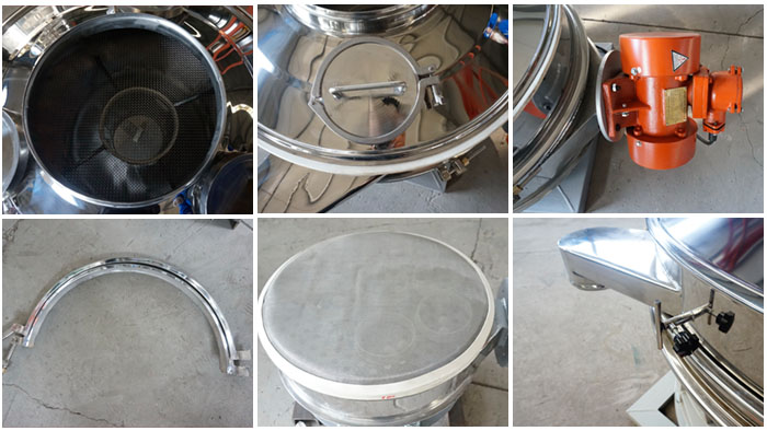 单振源直排筛细节展示：防尘盖，振动源，丝瓜视频黄片地址网，大束环，控制开关等。