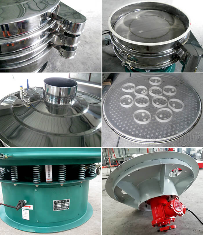 圆形旋振筛细节展示：出料口，筛网，进料口，网架，挡球环，振动弹簧，振动电机等。