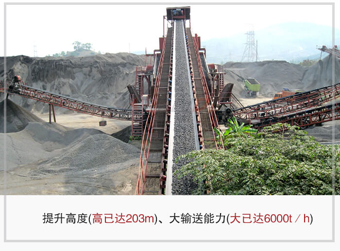 大倾角皮带输送机根据适用场景的不同输送高度在203m以内，输送量在6000t/h以内。