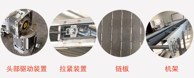 链板输送机结构：头部驱动装置，拉紧装置，链板，机架等图片展示