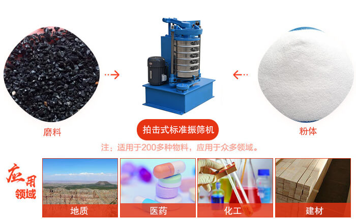 拍击筛适用于多种物料颗粒状，粉状，不规则物料的筛分。